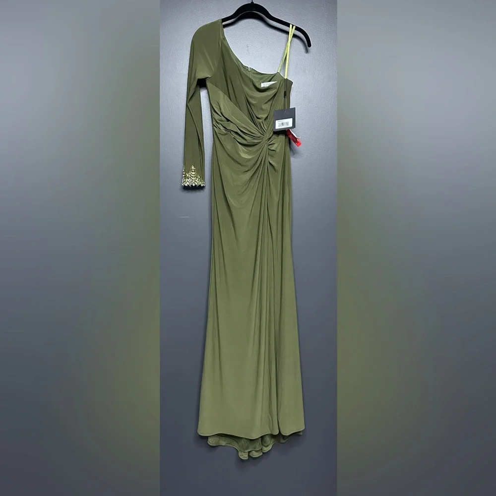 NWT Mac Duggal One Sleeve Beaded Cuff Side Twist Gown Olive 2 55696 - Picture 4 of 7